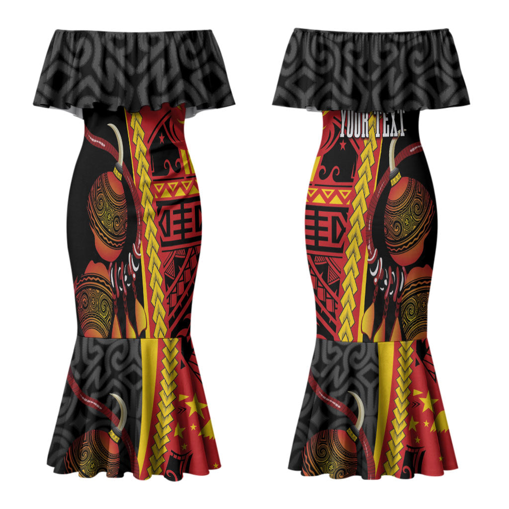 Papua New Guinea Independence Personalised Couples Matching Mermaid Dress and Long Sleeve Button Shirt PNG Bagi and Lime Pot LT7 - Polynesian Pride