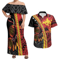 Papua New Guinea Independence Personalised Couples Matching Off Shoulder Maxi Dress and Hawaiian Shirt PNG Bagi and Lime Pot LT7 Black - Polynesian Pride