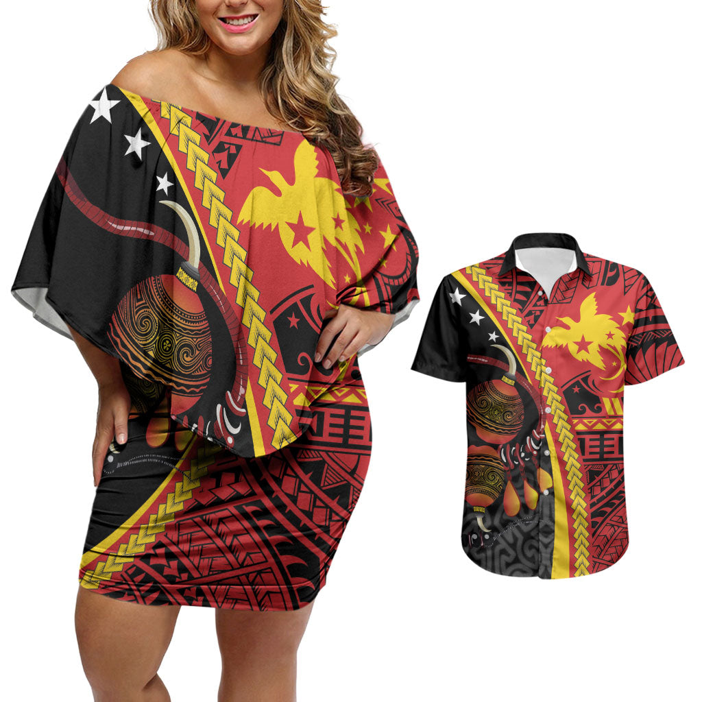 Papua New Guinea Independence Personalised Couples Matching Off Shoulder Short Dress and Hawaiian Shirt PNG Bagi and Lime Pot LT7 Black - Polynesian Pride