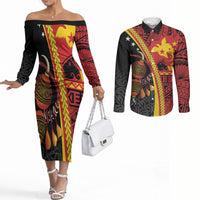 Papua New Guinea Independence Personalised Couples Matching Off The Shoulder Long Sleeve Dress and Long Sleeve Button Shirt PNG Bagi and Lime Pot LT7 Black - Polynesian Pride