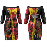 Papua New Guinea Independence Personalised Couples Matching Off The Shoulder Long Sleeve Dress and Long Sleeve Button Shirt PNG Bagi and Lime Pot LT7 - Polynesian Pride