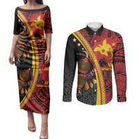 Papua New Guinea Independence Personalised Couples Matching Puletasi and Long Sleeve Button Shirt PNG Bagi and Lime Pot LT7 Black - Polynesian Pride
