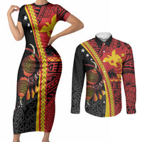 Papua New Guinea Independence Personalised Couples Matching Short Sleeve Bodycon Dress and Long Sleeve Button Shirt PNG Bagi and Lime Pot LT7 Black - Polynesian Pride