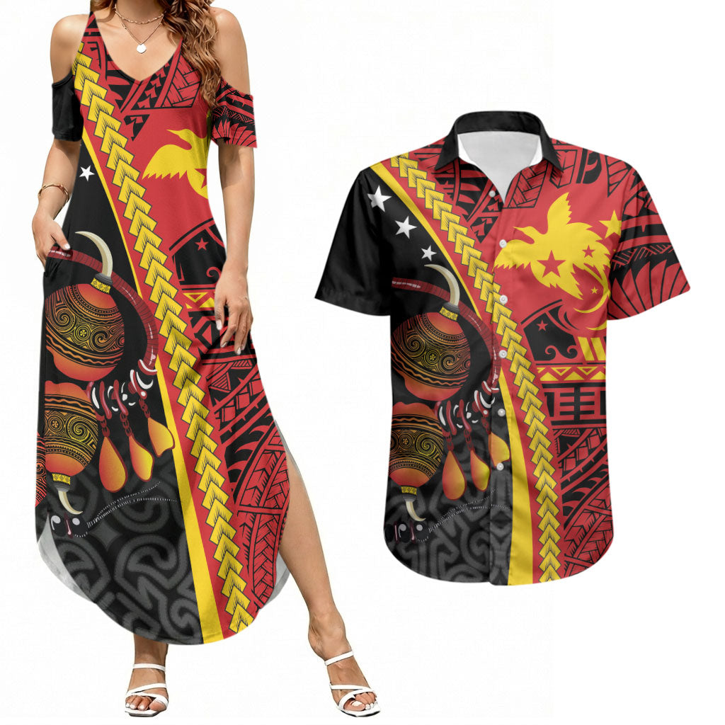 Papua New Guinea Independence Personalised Couples Matching Summer Maxi Dress and Hawaiian Shirt PNG Bagi and Lime Pot LT7 Black - Polynesian Pride