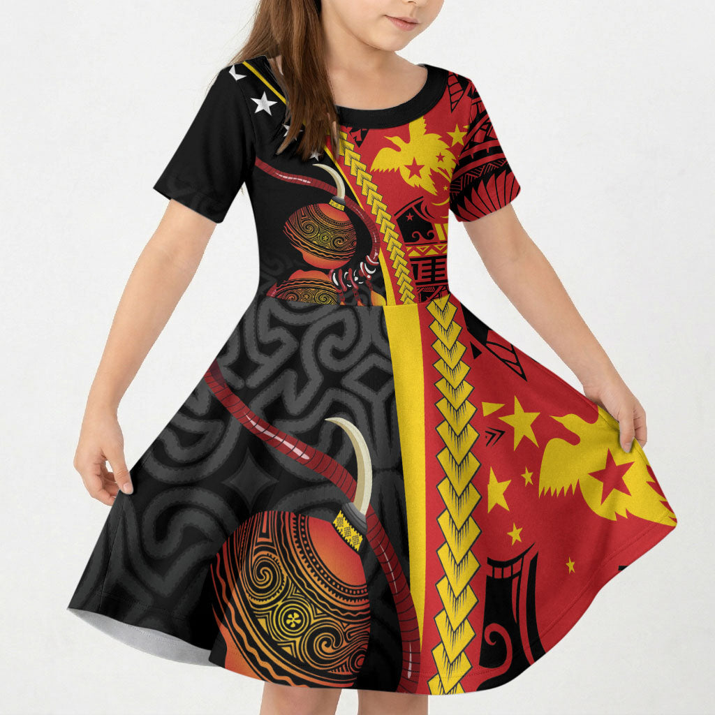 Papua New Guinea Independence Personalised Kid Short Sleeve Dress PNG Bagi and Lime Pot LT7 KID Black - Polynesian Pride