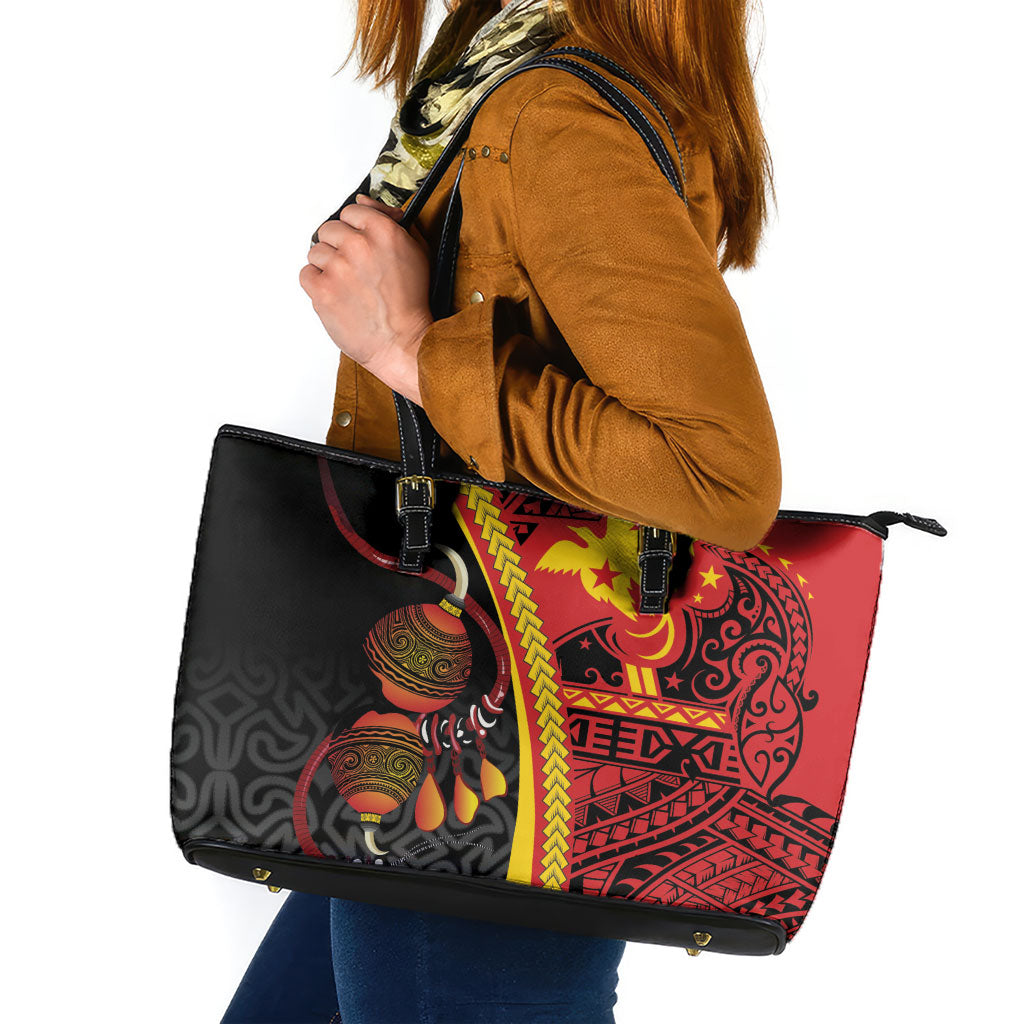 Papua New Guinea Independence Leather Tote Bag PNG Bagi and Lime Pot LT7 Black - Polynesian Pride