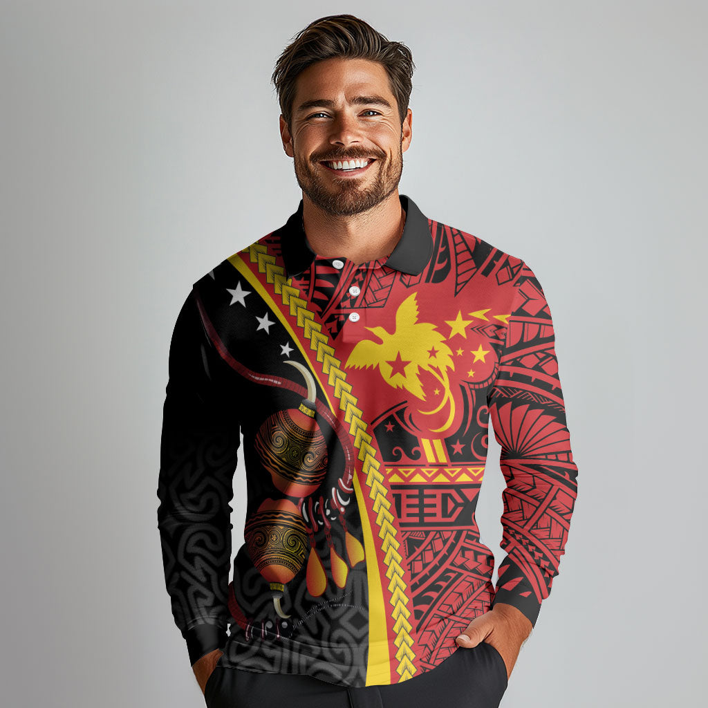 Papua New Guinea Independence Personalised Long Sleeve Polo Shirt PNG Bagi and Lime Pot LT7 - Polynesian Pride