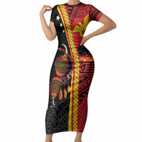 Papua New Guinea Independence Personalised Short Sleeve Bodycon Dress PNG Bagi and Lime Pot LT7 Long Dress Black - Polynesian Pride