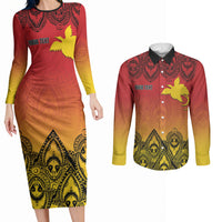 Papua New Guinea 1975 To The Future Personalised Couples Matching Long Sleeve Bodycon Dress and Long Sleeve Button Shirt Sepik Masks LT7 Red - Polynesian Pride