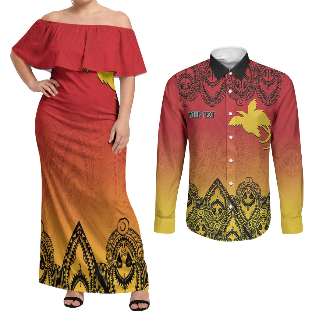 Papua New Guinea 1975 To The Future Personalised Couples Matching Off Shoulder Maxi Dress and Long Sleeve Button Shirt Sepik Masks LT7 Red - Polynesian Pride