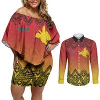 Papua New Guinea 1975 To The Future Personalised Couples Matching Off Shoulder Short Dress and Long Sleeve Button Shirt Sepik Masks LT7 Red - Polynesian Pride
