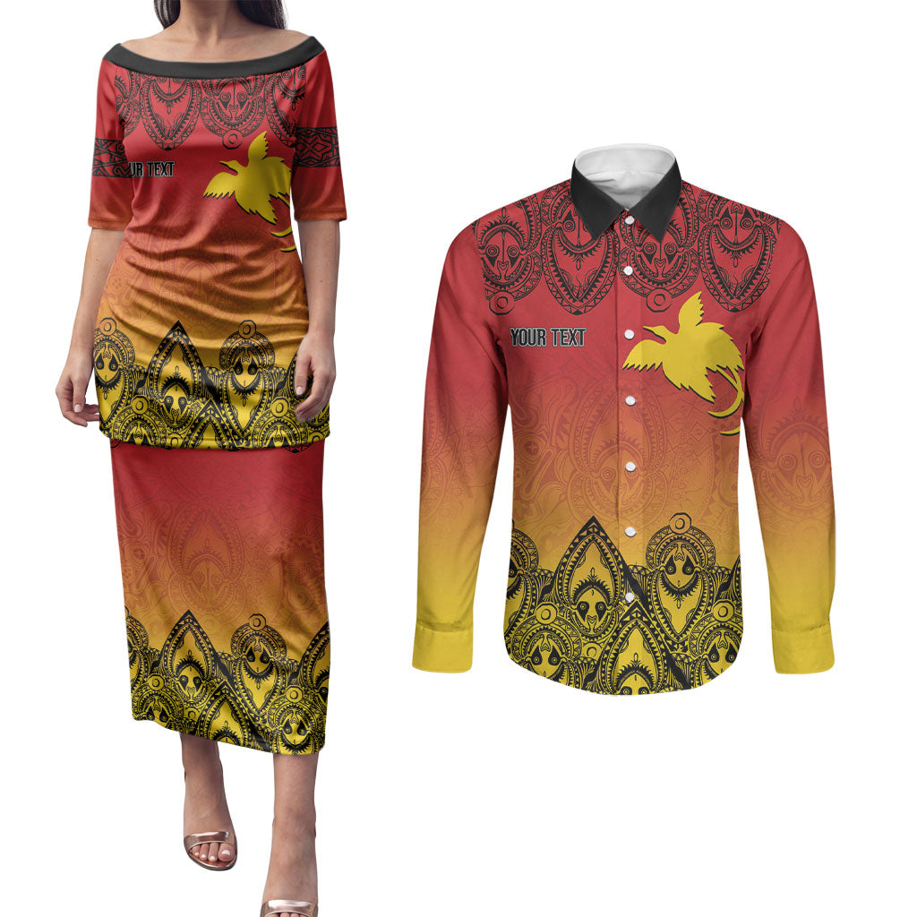 Papua New Guinea 1975 To The Future Personalised Couples Matching Puletasi and Long Sleeve Button Shirt Sepik Masks LT7 Red - Polynesian Pride