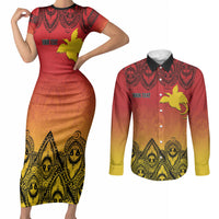 Papua New Guinea 1975 To The Future Personalised Couples Matching Short Sleeve Bodycon Dress and Long Sleeve Button Shirt Sepik Masks LT7 Red - Polynesian Pride