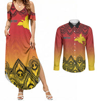 Papua New Guinea 1975 To The Future Personalised Couples Matching Summer Maxi Dress and Long Sleeve Button Shirt Sepik Masks LT7 Red - Polynesian Pride