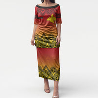Papua New Guinea 1975 To The Future Personalised Puletasi Sepik Masks LT7 Long Dress Red - Polynesian Pride