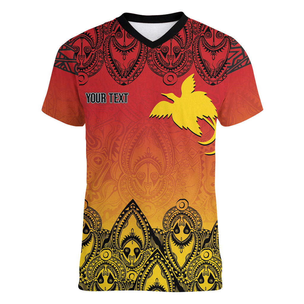 Papua New Guinea 1975 To The Future Personalised Women V-Neck T-Shirt Sepik Masks LT7 Female Red - Polynesian Pride