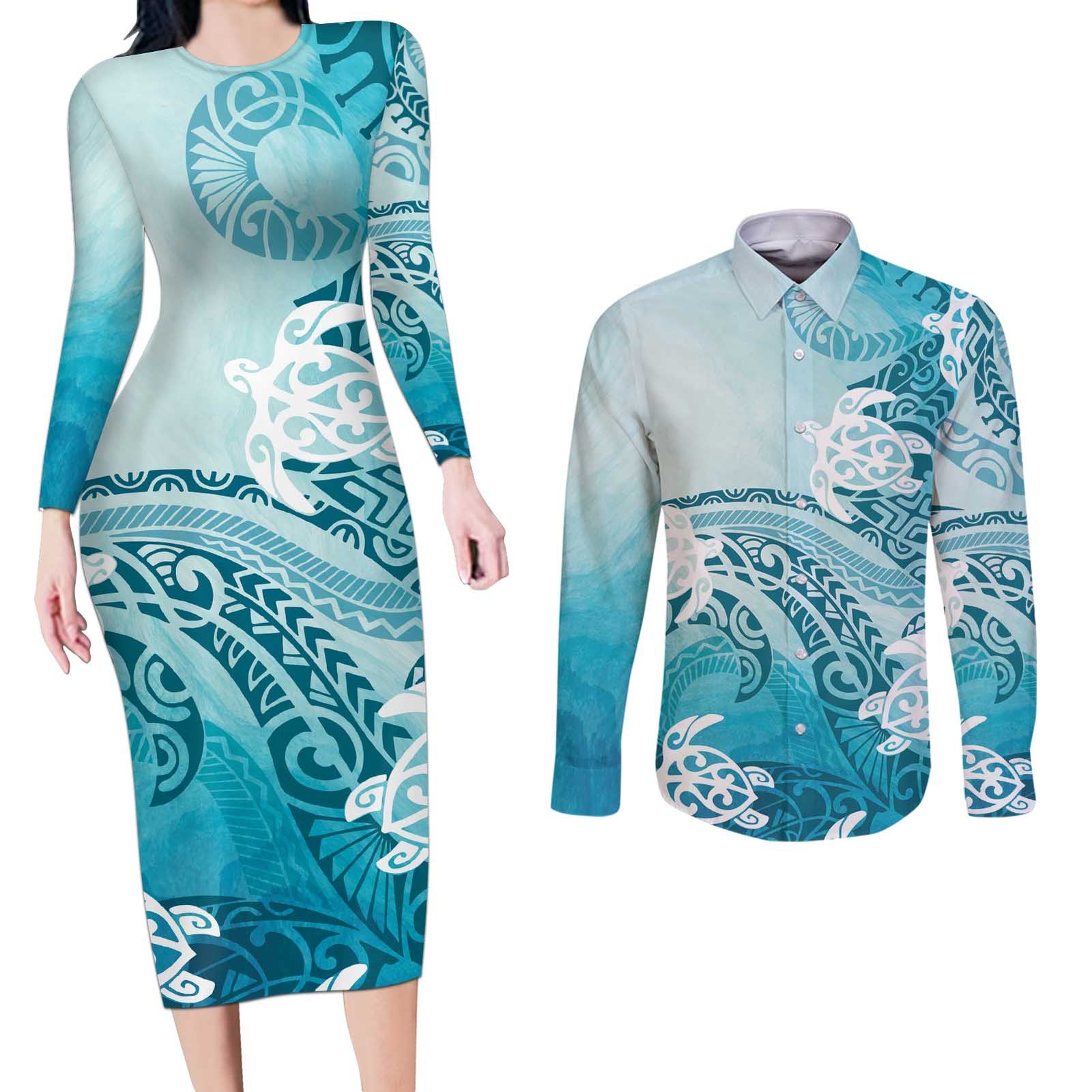 Polynesia Turtle Couples Matching Long Sleeve Bodycon Dress and Long Sleeve Button Shirt Watercolor Abstract Style LT7 Blue - Polynesian Pride