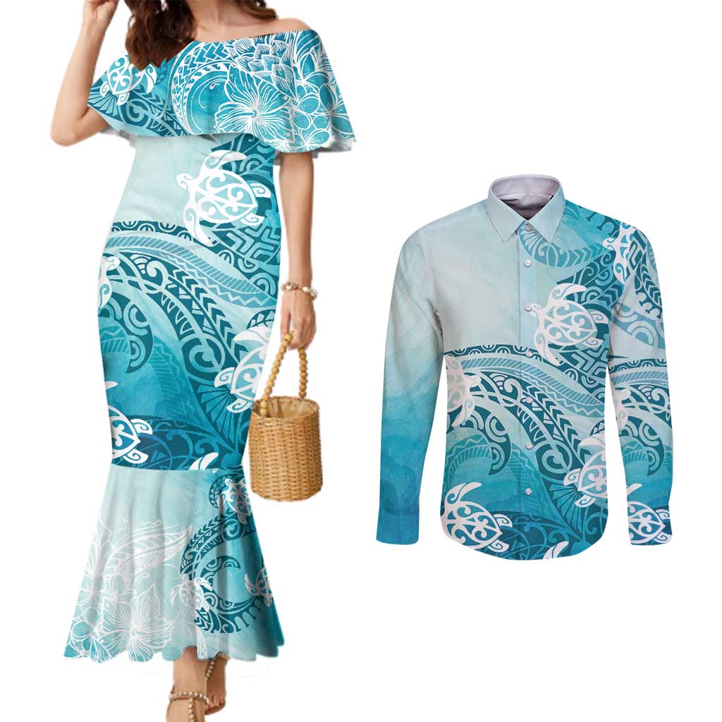 Polynesia Turtle Couples Matching Mermaid Dress and Long Sleeve Button Shirt Watercolor Abstract Style LT7 Blue - Polynesian Pride