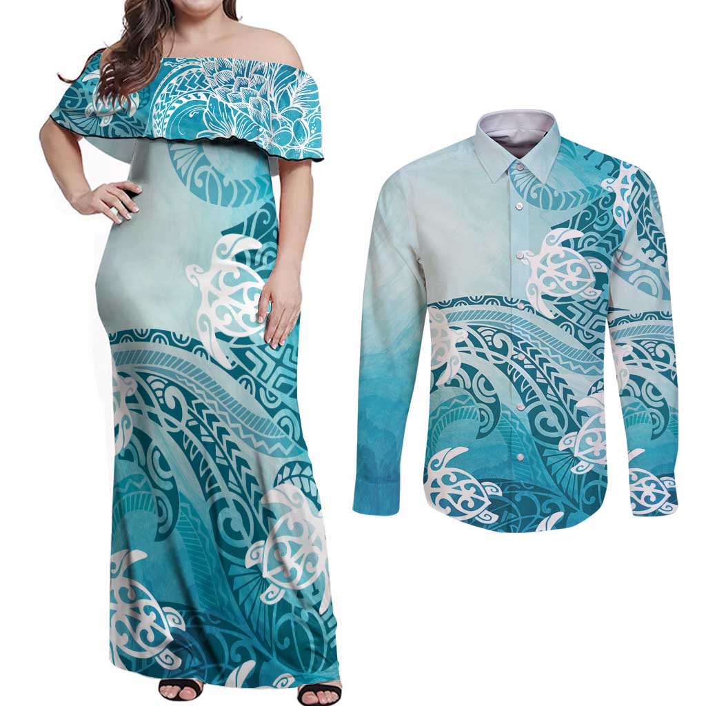 Polynesia Turtle Couples Matching Off Shoulder Maxi Dress and Long Sleeve Button Shirt Watercolor Abstract Style LT7 Blue - Polynesian Pride
