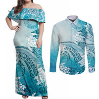 Polynesia Turtle Couples Matching Off Shoulder Maxi Dress and Long Sleeve Button Shirt Watercolor Abstract Style LT7 Blue - Polynesian Pride