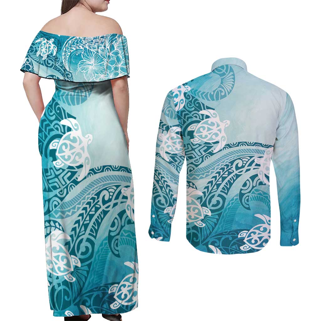 Polynesia Turtle Couples Matching Off Shoulder Maxi Dress and Long Sleeve Button Shirt Watercolor Abstract Style LT7 - Polynesian Pride