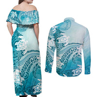 Polynesia Turtle Couples Matching Off Shoulder Maxi Dress and Long Sleeve Button Shirt Watercolor Abstract Style LT7 - Polynesian Pride