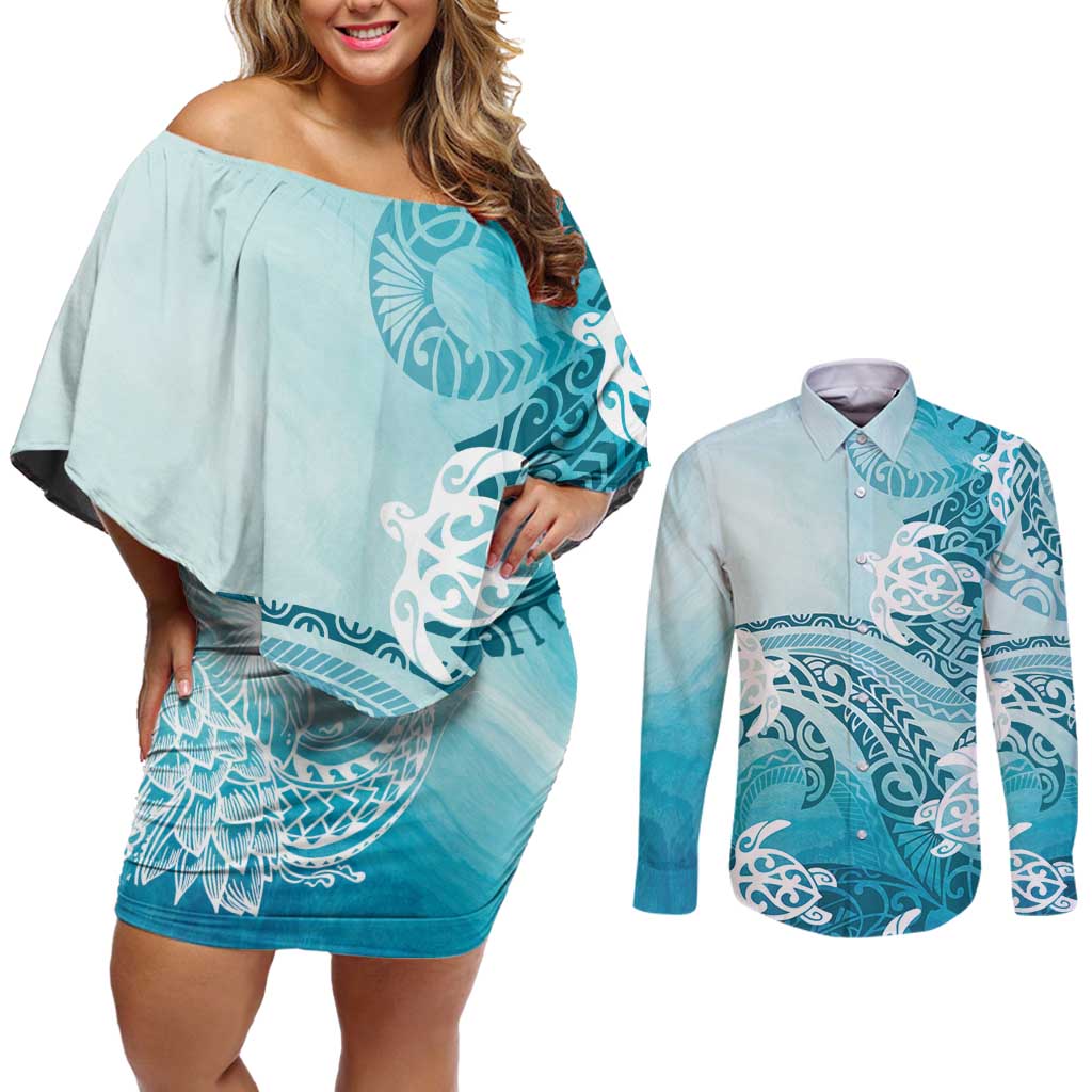 Polynesia Turtle Couples Matching Off Shoulder Short Dress and Long Sleeve Button Shirt Watercolor Abstract Style LT7 Blue - Polynesian Pride