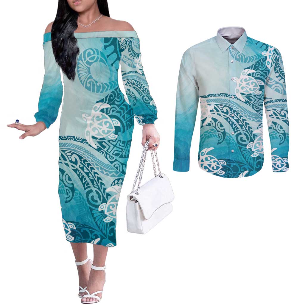 Polynesia Turtle Couples Matching Off The Shoulder Long Sleeve Dress and Long Sleeve Button Shirt Watercolor Abstract Style LT7 Blue - Polynesian Pride