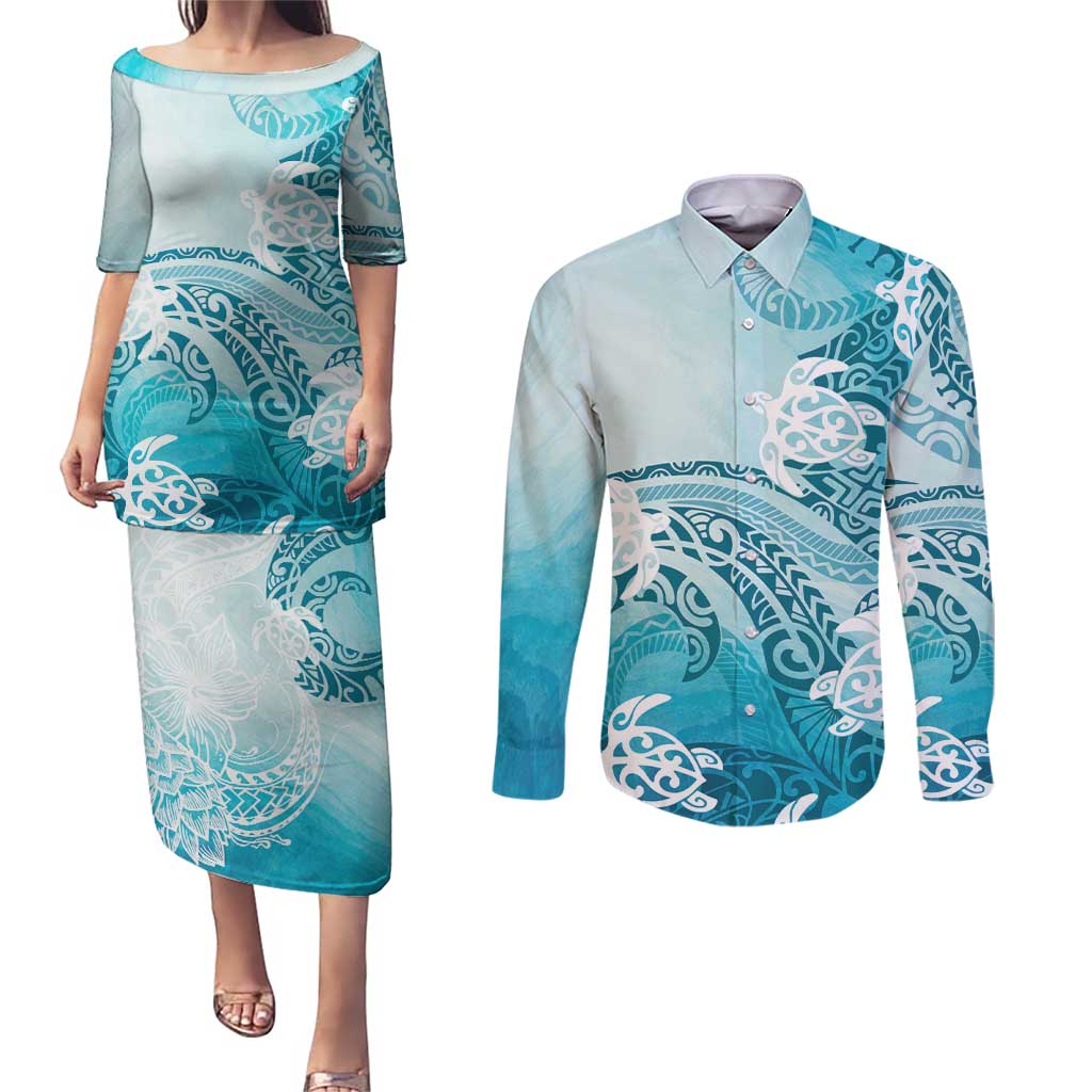 Polynesia Turtle Couples Matching Puletasi and Long Sleeve Button Shirt Watercolor Abstract Style LT7 Blue - Polynesian Pride