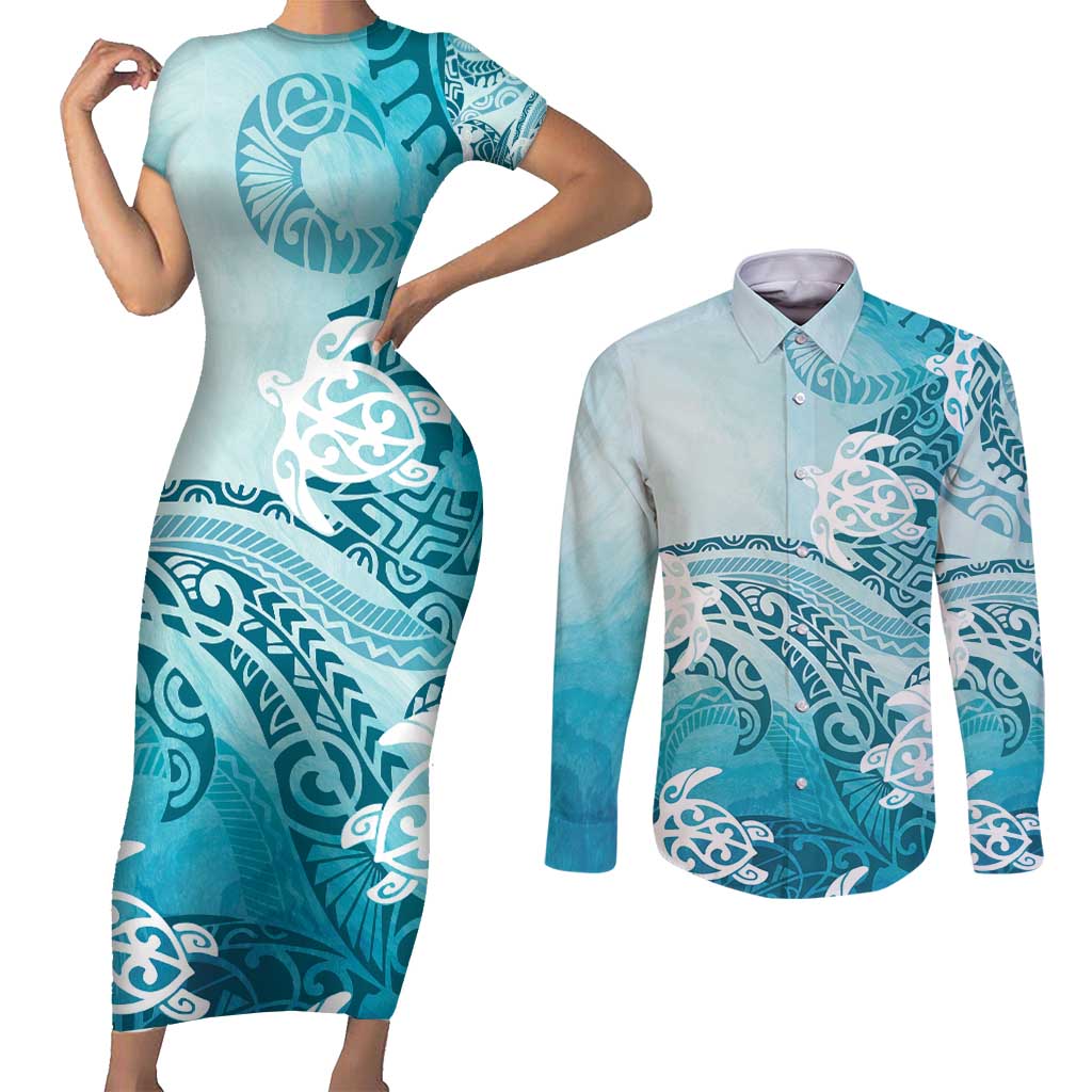 Polynesia Turtle Couples Matching Short Sleeve Bodycon Dress and Long Sleeve Button Shirt Watercolor Abstract Style LT7 Blue - Polynesian Pride