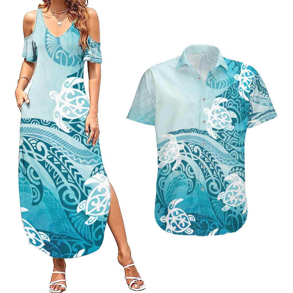 Polynesia Turtle Couples Matching Summer Maxi Dress and Hawaiian Shirt Watercolor Abstract Style LT7 Blue - Polynesian Pride