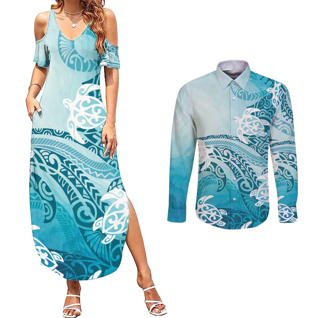 Polynesia Turtle Couples Matching Summer Maxi Dress and Long Sleeve Button Shirt Watercolor Abstract Style LT7 Blue - Polynesian Pride