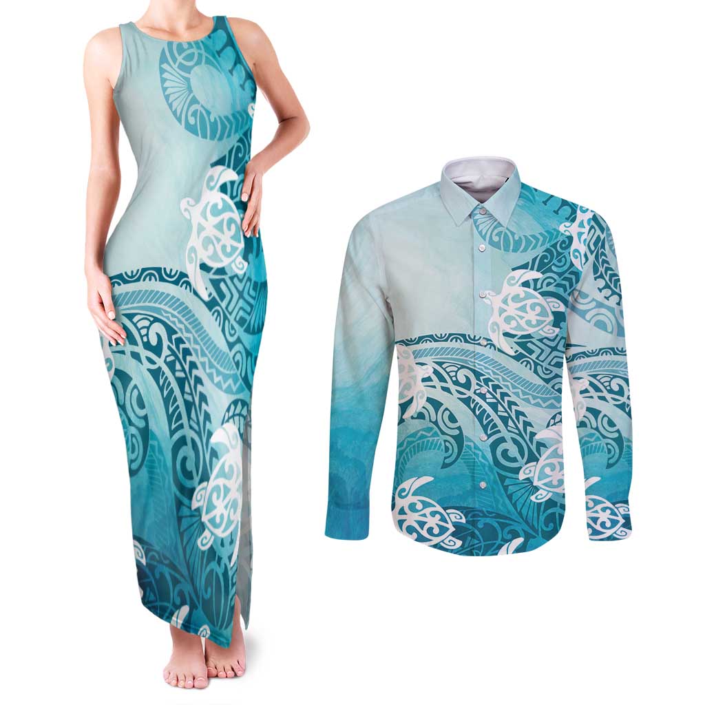 Polynesia Turtle Couples Matching Tank Maxi Dress and Long Sleeve Button Shirt Watercolor Abstract Style LT7 Blue - Polynesian Pride