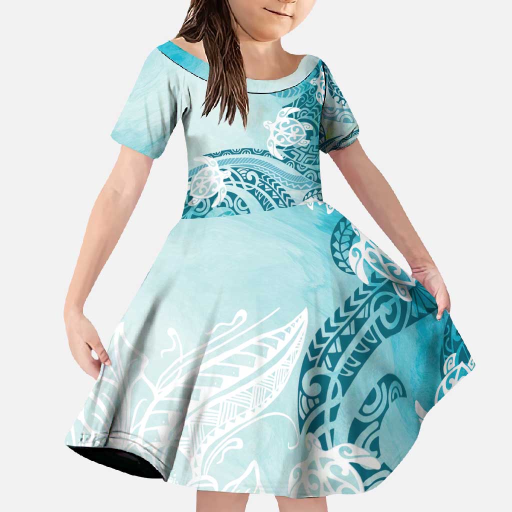 Polynesia Turtle Family Matching Long Sleeve Bodycon Dress and Hawaiian Shirt Watercolor Abstract Style LT7 Daughter's Dress Blue - Polynesian Pride