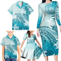 Polynesia Turtle Family Matching Long Sleeve Bodycon Dress and Hawaiian Shirt Watercolor Abstract Style LT7 - Polynesian Pride