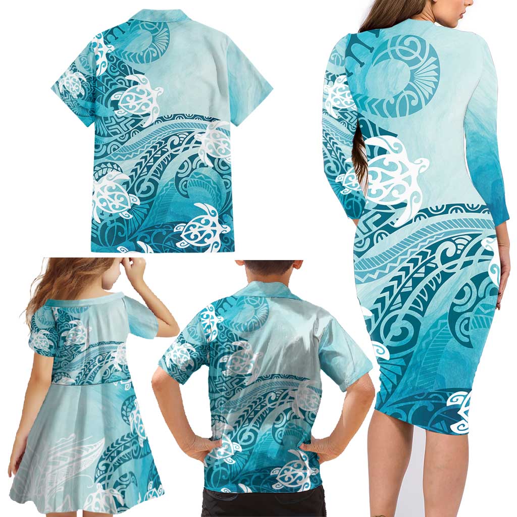 Polynesia Turtle Family Matching Long Sleeve Bodycon Dress and Hawaiian Shirt Watercolor Abstract Style LT7 - Polynesian Pride