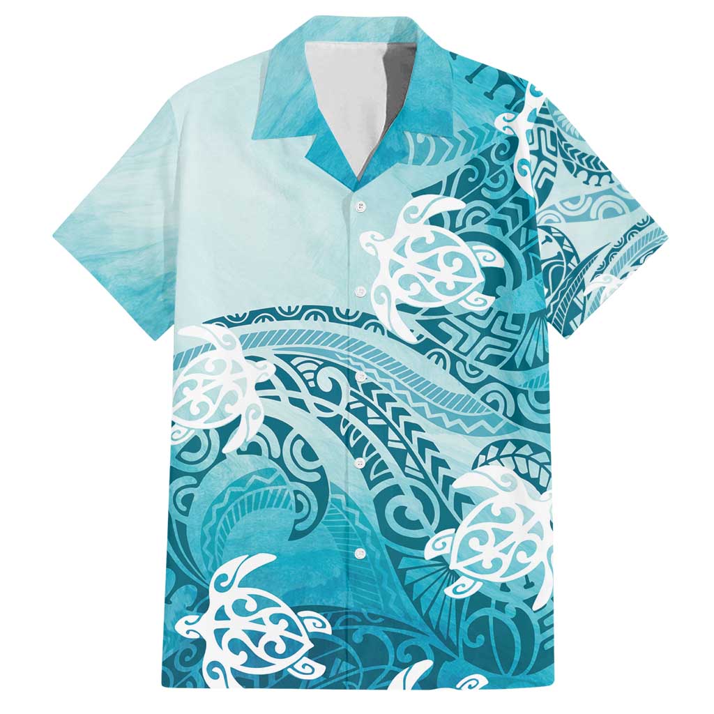 Polynesia Turtle Family Matching Long Sleeve Bodycon Dress and Hawaiian Shirt Watercolor Abstract Style LT7 Dad's Shirt - Short Sleeve Blue - Polynesian Pride
