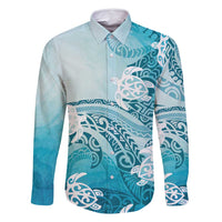 Polynesia Turtle Family Matching Long Sleeve Bodycon Dress and Hawaiian Shirt Watercolor Abstract Style LT7 Dad's Shirt - Long Sleeve Blue - Polynesian Pride