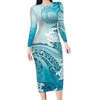 Polynesia Turtle Family Matching Long Sleeve Bodycon Dress and Hawaiian Shirt Watercolor Abstract Style LT7 Mom's Dress Blue - Polynesian Pride