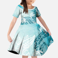 Polynesia Turtle Family Matching Mermaid Dress and Hawaiian Shirt Watercolor Abstract Style LT7 Daughter's Dress Blue - Polynesian Pride