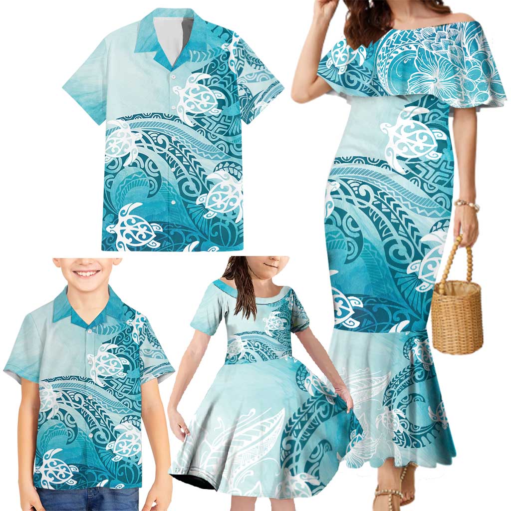 Polynesia Turtle Family Matching Mermaid Dress and Hawaiian Shirt Watercolor Abstract Style LT7 - Polynesian Pride