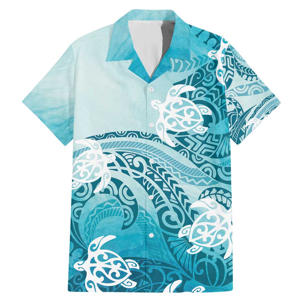 Polynesia Turtle Family Matching Mermaid Dress and Hawaiian Shirt Watercolor Abstract Style LT7 Dad's Shirt - Short Sleeve Blue - Polynesian Pride