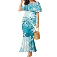 Polynesia Turtle Family Matching Mermaid Dress and Hawaiian Shirt Watercolor Abstract Style LT7 Mom's Dress Blue - Polynesian Pride