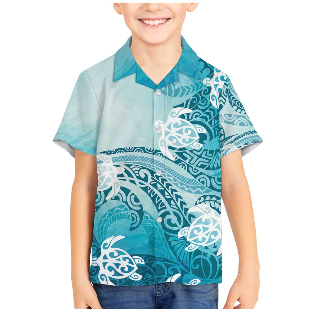Polynesia Turtle Family Matching Mermaid Dress and Hawaiian Shirt Watercolor Abstract Style LT7 Son's Shirt Blue - Polynesian Pride