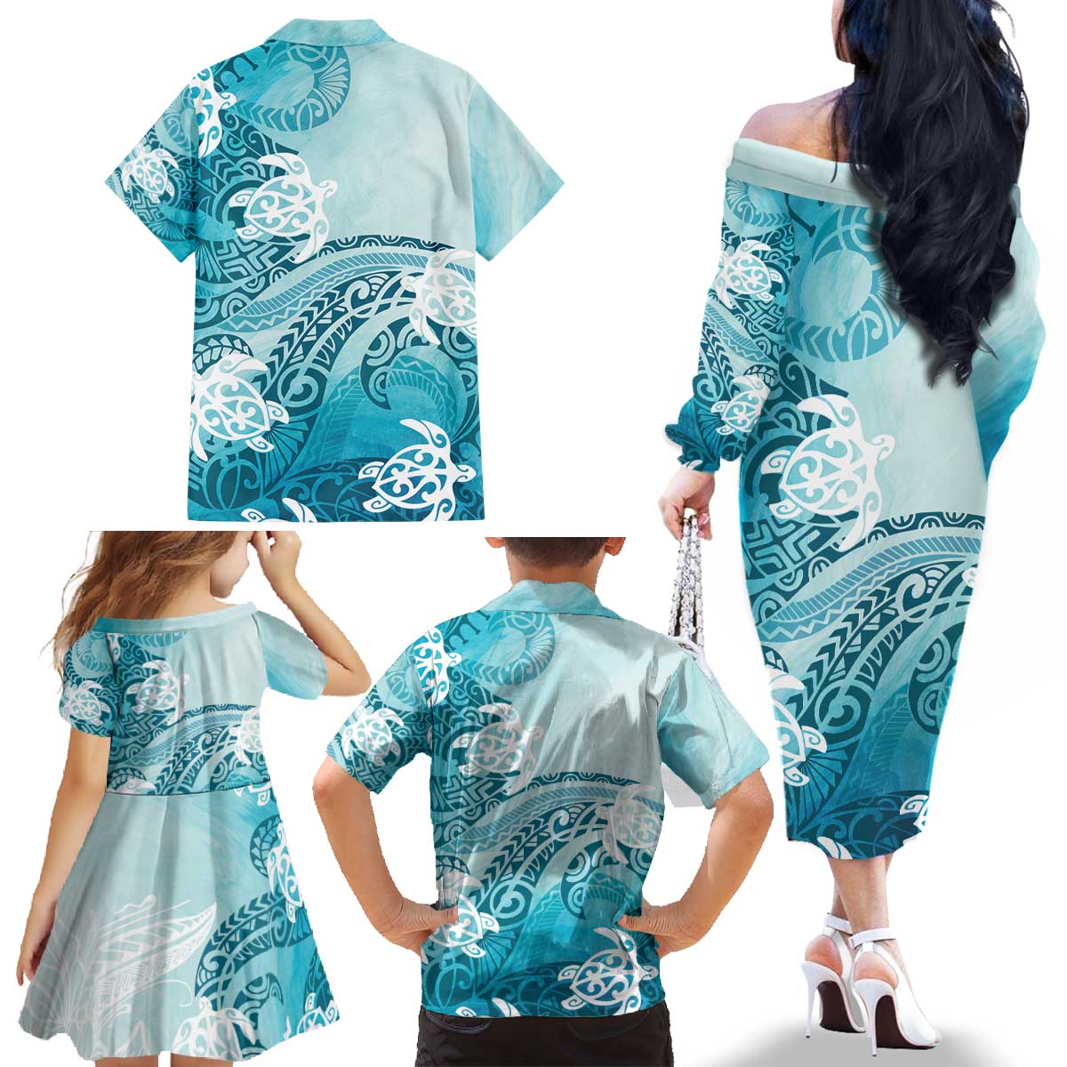 Polynesia Turtle Family Matching Off The Shoulder Long Sleeve Dress and Hawaiian Shirt Watercolor Abstract Style LT7 - Polynesian Pride