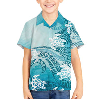 Polynesia Turtle Family Matching Off The Shoulder Long Sleeve Dress and Hawaiian Shirt Watercolor Abstract Style LT7 Son's Shirt Blue - Polynesian Pride