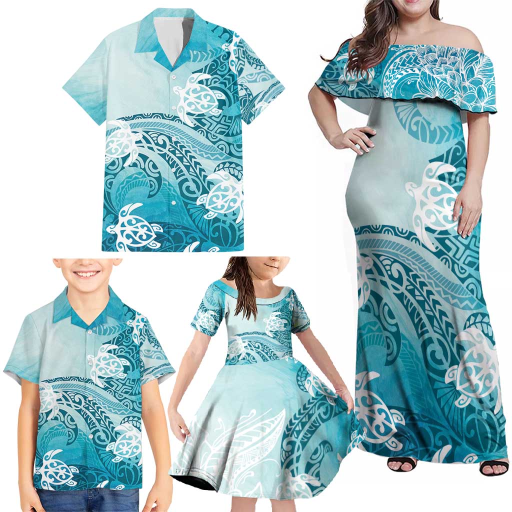 Polynesia Turtle Family Matching Off Shoulder Maxi Dress and Hawaiian Shirt Watercolor Abstract Style LT7 - Polynesian Pride