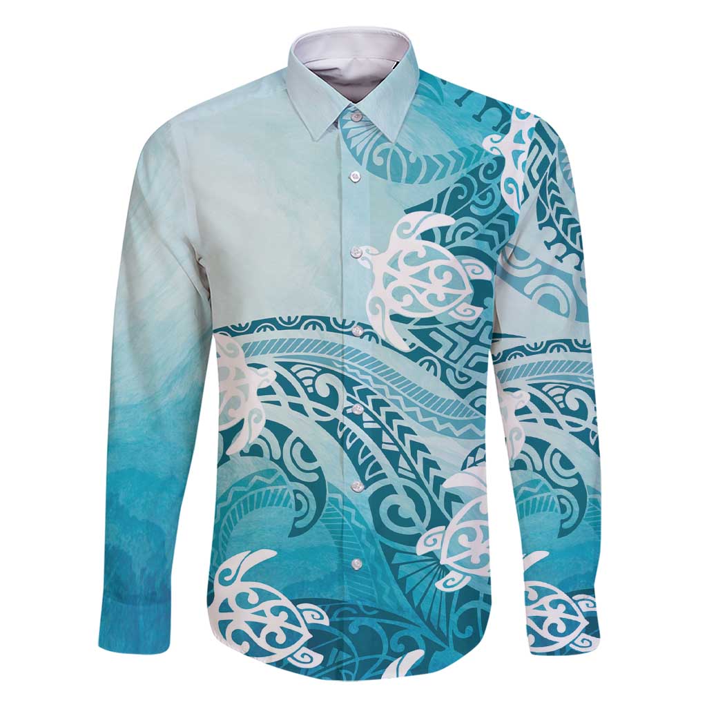 Polynesia Turtle Family Matching Short Sleeve Bodycon Dress and Hawaiian Shirt Watercolor Abstract Style LT7 Dad's Shirt - Long Sleeve Blue - Polynesian Pride