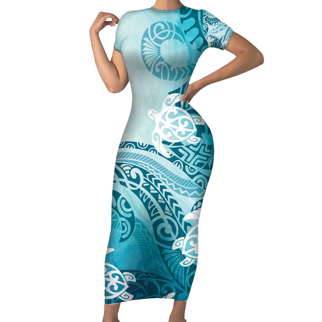 Polynesia Turtle Family Matching Short Sleeve Bodycon Dress and Hawaiian Shirt Watercolor Abstract Style LT7 Mom's Dress Blue - Polynesian Pride