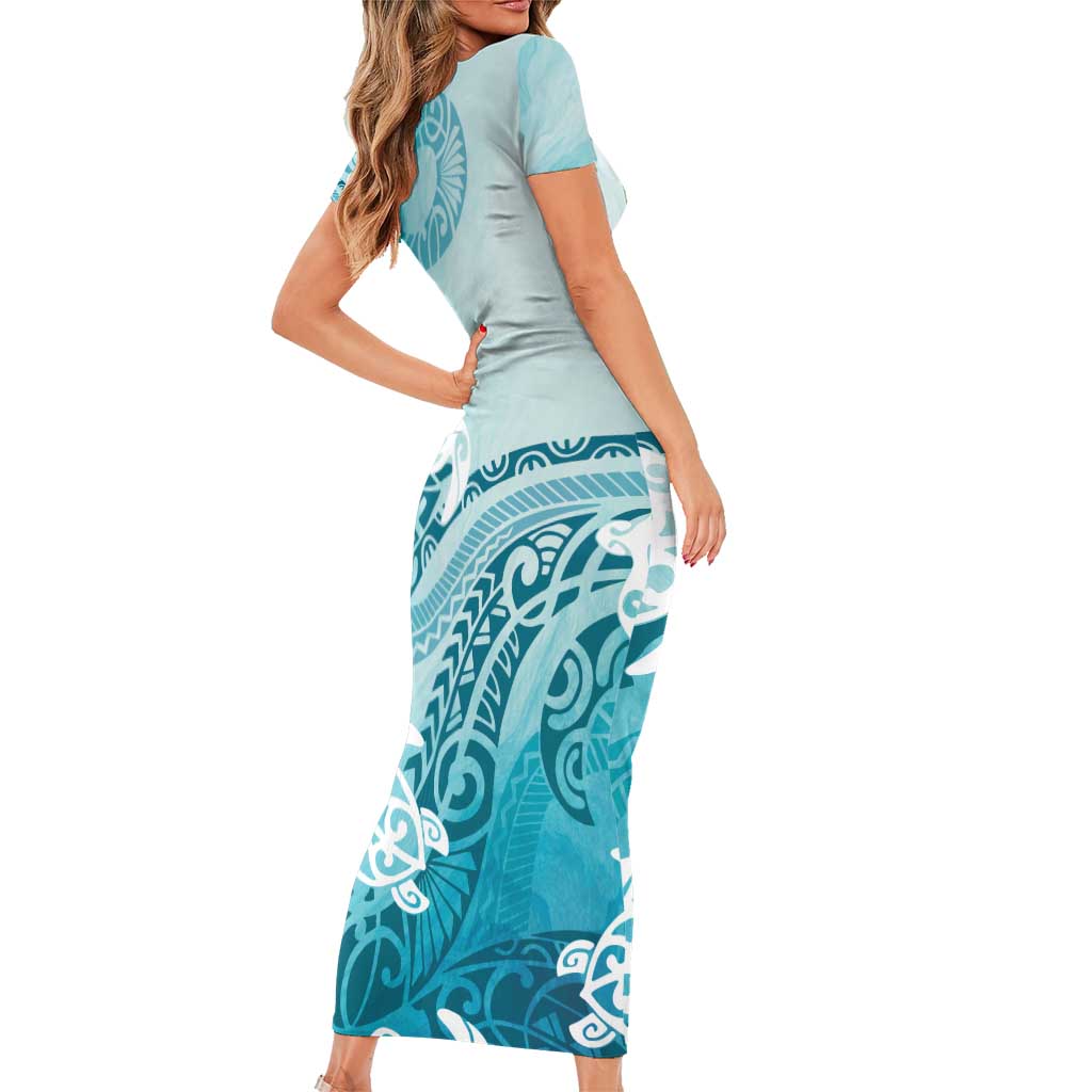 Polynesia Turtle Family Matching Short Sleeve Bodycon Dress and Hawaiian Shirt Watercolor Abstract Style LT7 - Polynesian Pride